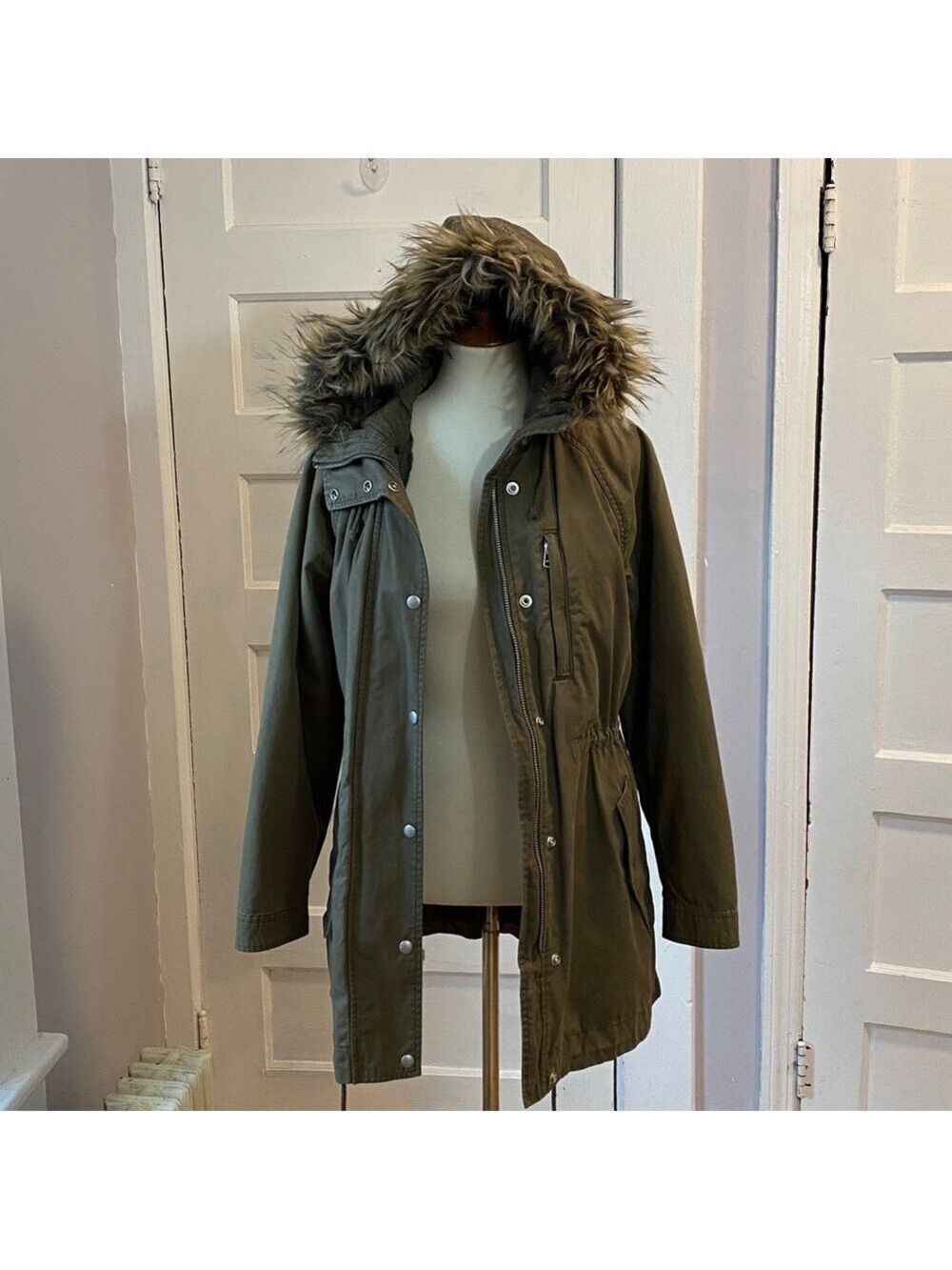 Gap Green Utility Jacket with Faux Fur Trimmed Hood, Size L - Picture 8 of 15